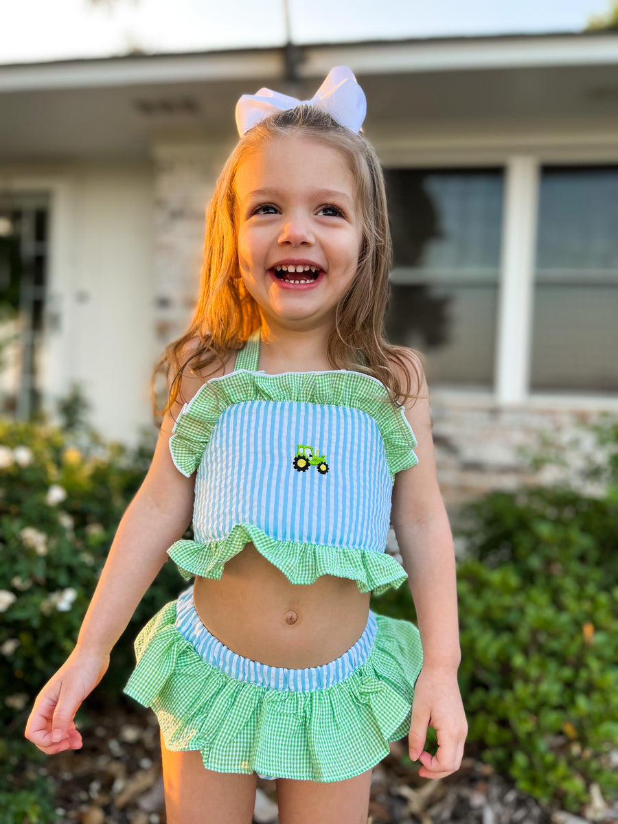 【ThreeTimes】 Baby shower swim bolero 2色 Tractor Applique 2 Piece Swimsuit I – The Trendy Toddler Smocked