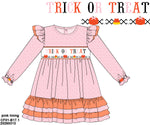 Load image into Gallery viewer, PRE-ORDER #62: TRICK OR TREAT PINK SWISS DOT SMOCKED DIAPER SET/DRESS(starting at size 4T) WITH PEARLS
