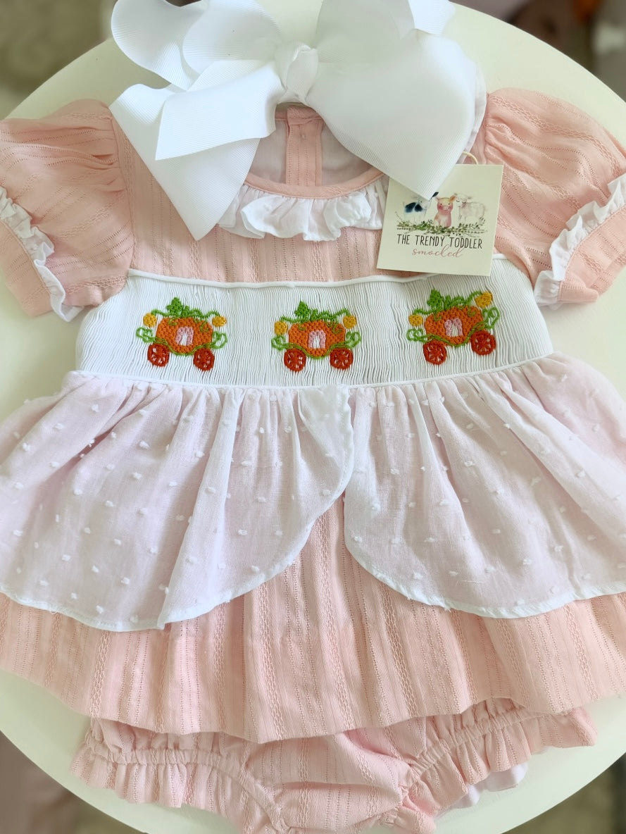 Smocked Pink Linen Pumpkin Carriage Diaper Set