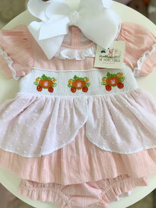 Smocked Pink Linen Pumpkin Carriage Diaper Set