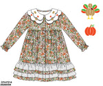 Load image into Gallery viewer, PRE-ORDER #62: GIRLS BULLION TURKEYS &amp; PUMPKINS FLORAL AND WHITE CHIFFON SWISS DOT DIAPER SET/DRESS(size 4T and up)
