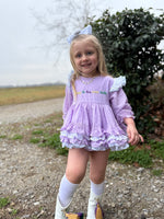 Load image into Gallery viewer, PRE-ORDER #62: GIRLS BULLION TURKEYS &amp; PUMPKINS FLORAL AND WHITE CHIFFON SWISS DOT DIAPER SET/DRESS(size 4T and up)
