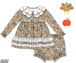 Load image into Gallery viewer, PRE-ORDER #62: GIRLS BULLION TURKEYS &amp; PUMPKINS FLORAL AND WHITE CHIFFON SWISS DOT DIAPER SET/DRESS(size 4T and up)
