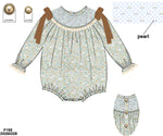 Load image into Gallery viewer, PRE-ORDER #62: GIRLS FLORAL BUBBLE WITH CREAM LACE, SMOCKING, PEARLS, AND BROWN SATIN BOWS
