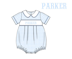 PRE-ORDER: knit custom name smock blue check