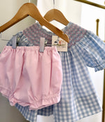 Load image into Gallery viewer, Blue Check with Pink Smocking Diaper Set
