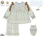 Load image into Gallery viewer, PRE-ORDER #62: GIRLS FLORAL PANTS SET WITH LACE, SMOCKING, PEARLS, AND SATIN BOWS
