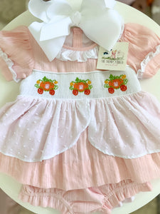 Smocked Pink Linen Pumpkin Carriage Diaper Set