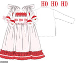 Load image into Gallery viewer, PRE-ORDER 63: SANTA APPLIQUÉ TIE SHOULDER DIAPER SET(DRESS LENGTH SIZE 4T AND UP) WITH RED SWISS DOT AND HO HO HO SMOCKING
