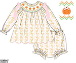 Load image into Gallery viewer, GIRLS SMOCKED PUMPKINS WITH PINK SATIN RIBBONS DIAPER SET/DRESS(converts to dress length 4T and up)
