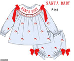 Load image into Gallery viewer, SMOCKED SANTA APPLIQUÉ DIAPER SET(DRESS LENGTH SIZE 4T AND UP) WITH RED SATIN RIBBON
