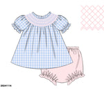 Load image into Gallery viewer, Blue Check with Pink Smocking Diaper Set
