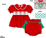 Load image into Gallery viewer, PRE-ORDER 63: RED SATIN DIAPER SET(TRANSITIONS TO DRESS LENGTH SIZE 4T AND UP) WITH 3D SATIN RIBBON ON SMOCKED WREATHS AND PEARLS
