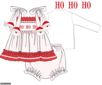 Load image into Gallery viewer, PRE-ORDER 63: SANTA APPLIQUÉ TIE SHOULDER DIAPER SET(DRESS LENGTH SIZE 4T AND UP) WITH RED SWISS DOT AND HO HO HO SMOCKING
