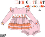 Load image into Gallery viewer, PRE-ORDER #62: TRICK OR TREAT PINK SWISS DOT SMOCKED DIAPER SET/DRESS(starting at size 4T) WITH PEARLS
