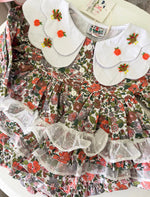 Load image into Gallery viewer, GIRLS BULLION TURKEYS &amp; PUMPKINS FLORAL AND WHITE CHIFFON SWISS DOT DIAPER SET/DRESS(size 4T and up)
