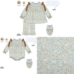 Load image into Gallery viewer, PRE-ORDER #62: GIRLS FLORAL BUBBLE WITH CREAM LACE, SMOCKING, PEARLS, AND BROWN SATIN BOWS
