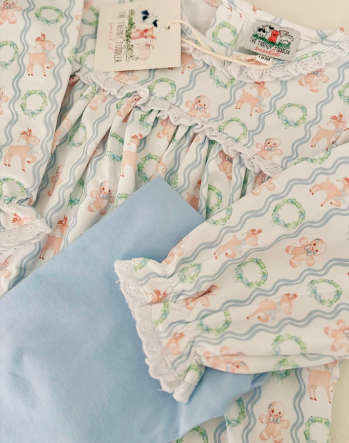 Blue Christmas Print Knit Pants Set