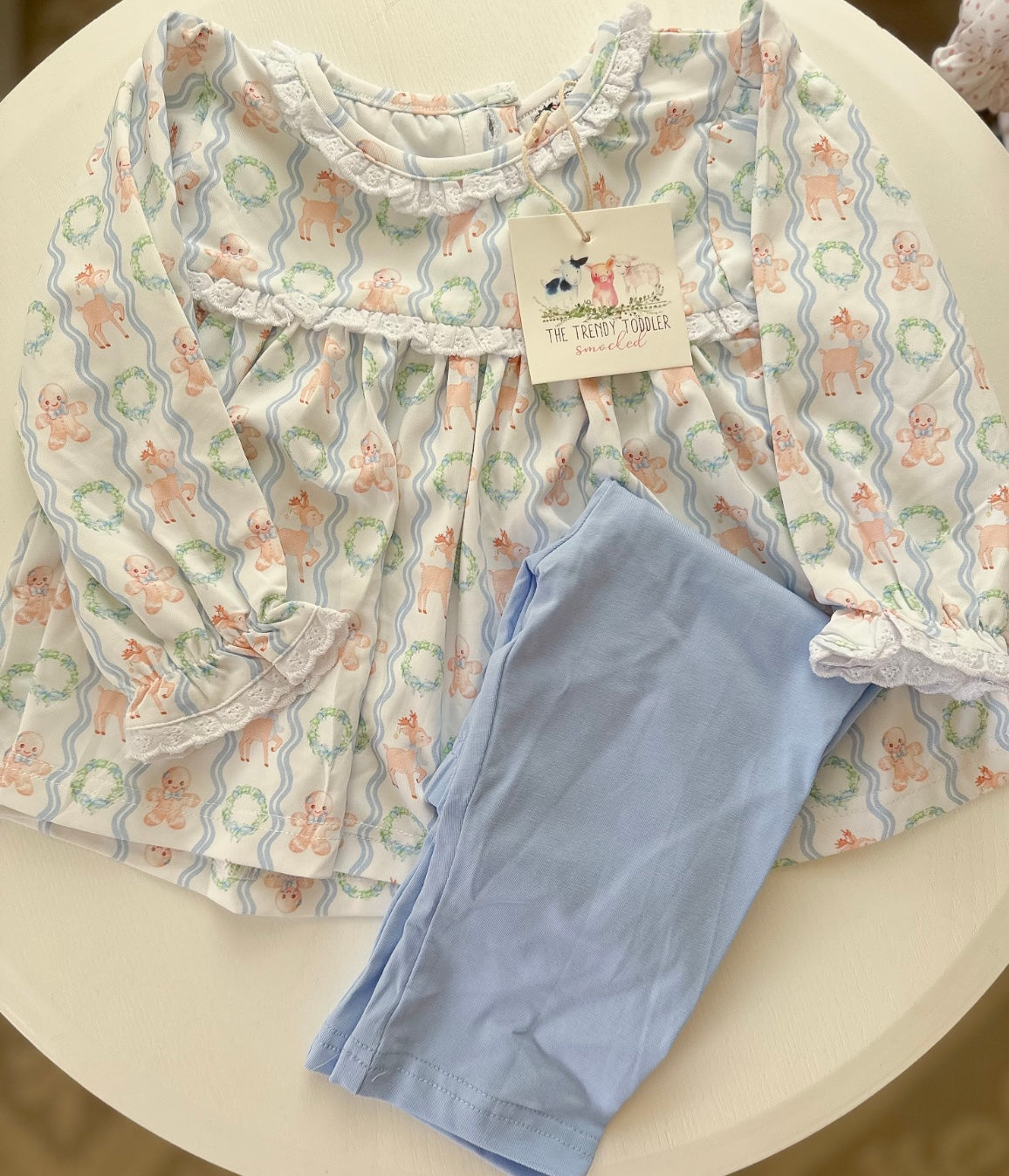 Blue Christmas Print Knit Pants Set