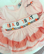 Load image into Gallery viewer, TRICK OR TREAT PINK SWISS DOT SMOCKED DIAPER SET/DRESS(starting at size 4T) WITH PEARLS
