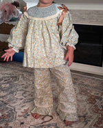 Load image into Gallery viewer, RESTOCK PRE-ORDER: GIRLS FLORAL PANTS SET WITH LACE, SMOCKING, PEARLS, AND SATIN BOWS
