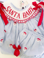 Load image into Gallery viewer, SMOCKED SANTA APPLIQUÉ DIAPER SET(DRESS LENGTH SIZE 4T AND UP) WITH RED SATIN RIBBON
