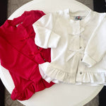 Load image into Gallery viewer, GIRLS WHITE CARDIGAN WITH WHITE SATIN RIBBONS
