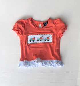 VINTAGE TRUCK CORAL SHIRT ONLY W/ SMOCKED PUMPKINS AND BITTY DOT RUFFLE
