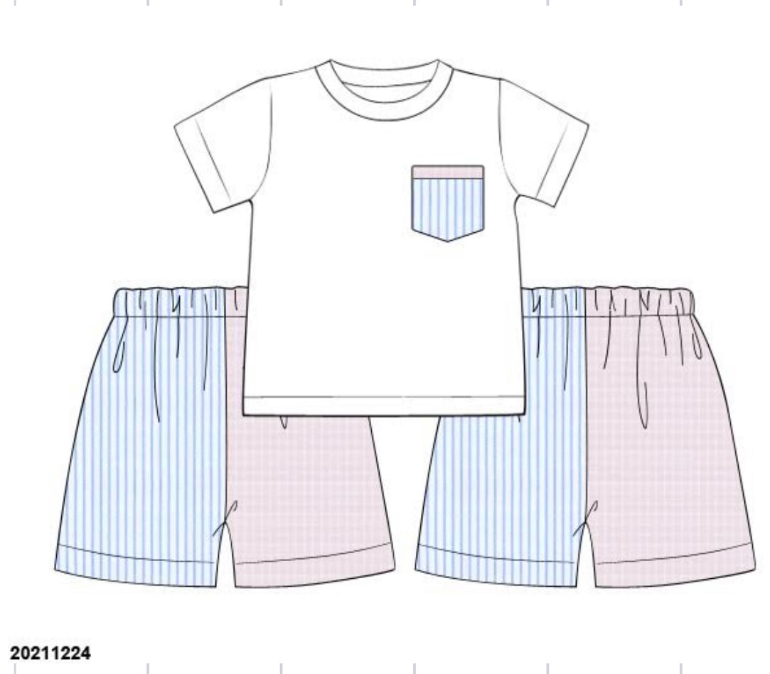 Boys Blue Stripe/Pink Windowpane Shorts Set