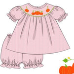 Load image into Gallery viewer, Girl Pumpkin Smocked Bloomer Set

